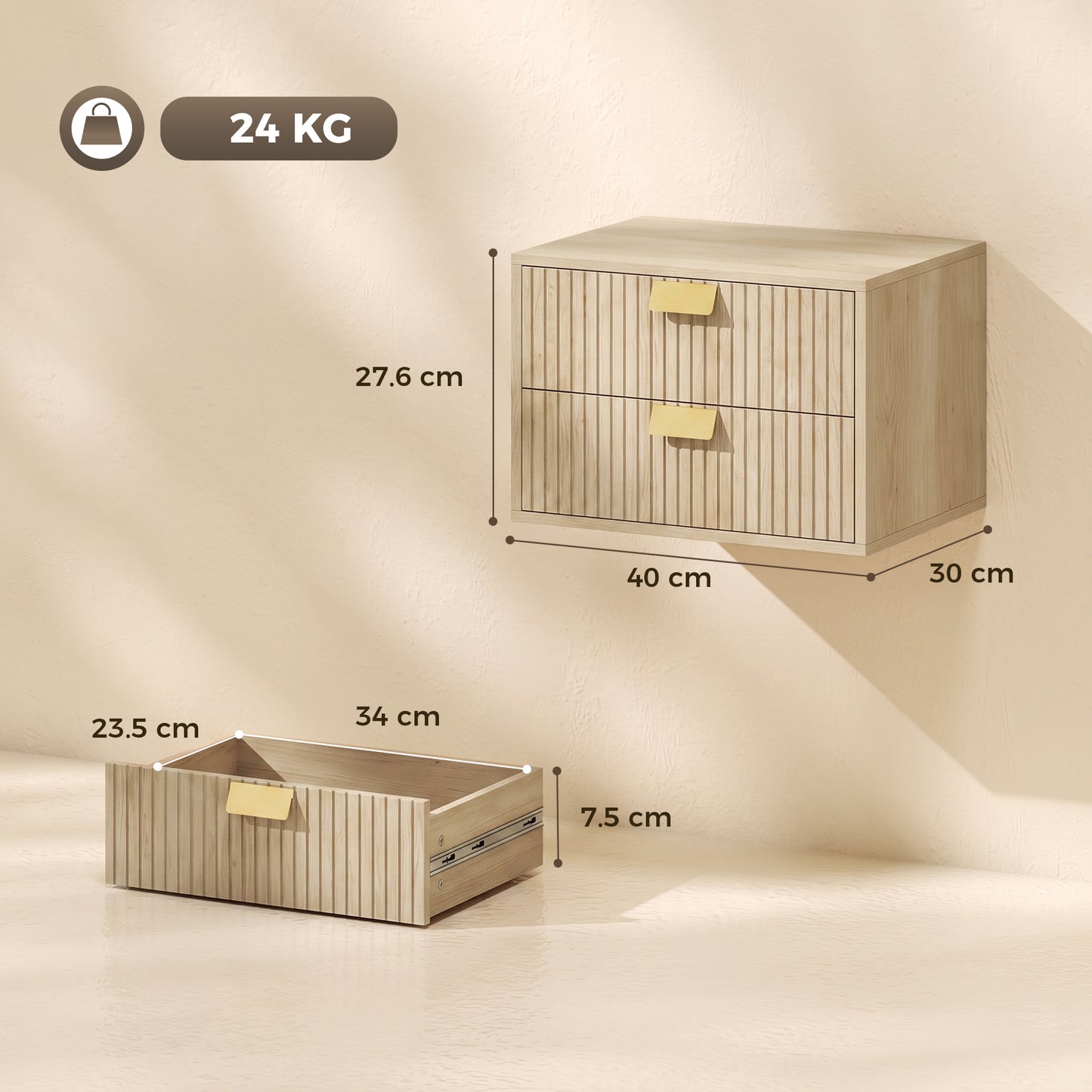 HOMCOM Modern Floating Nightstands Set of 2, Wall Mounted Bedside Tables with 2 Drawers, Oak