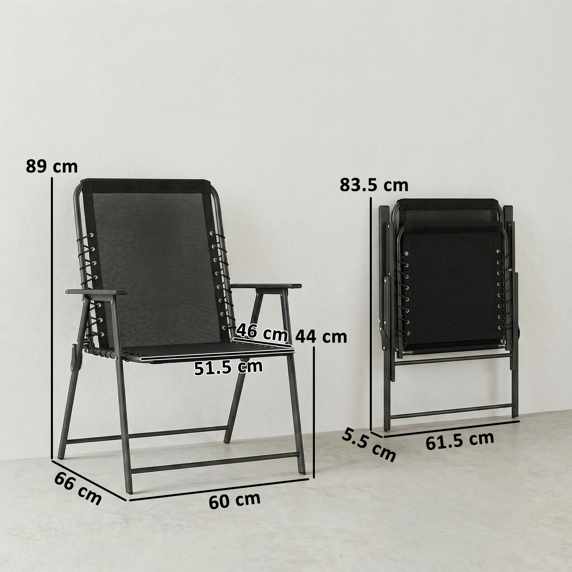 Outsunny Folding Garden Chairs Set of 2, Outdoor Dining Chairs with Wide Texteline Seat, High Back and Armrests, Black