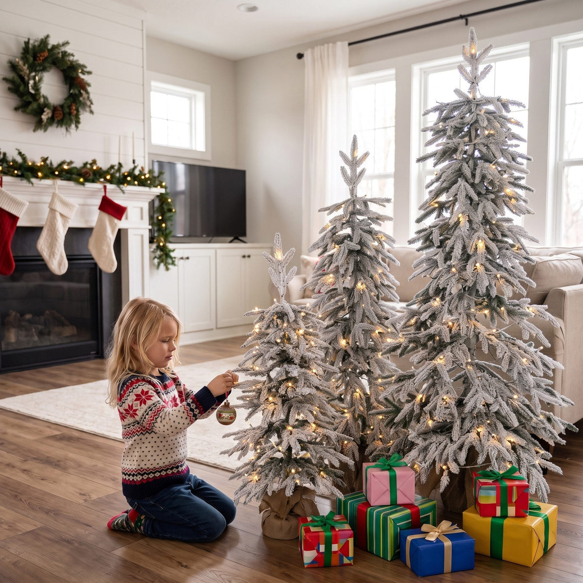 HOMCOM Prelit Flocked Artificial Christmas Tree Set of 3 Snowy Xmas Tree Warm White LED Lights (3FT+4FT+5FT)