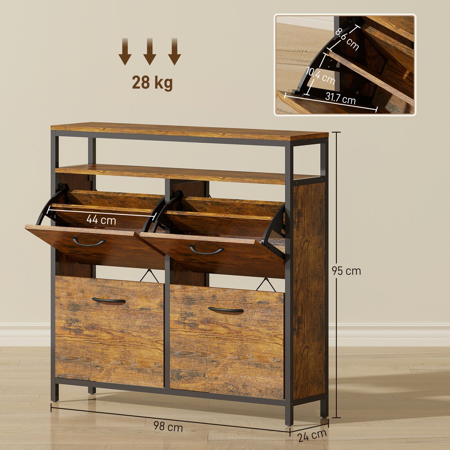 HOMCOM Shoe Storage Cabinet with 4 Flip Drawers and Open Shelf - Rustic Brown