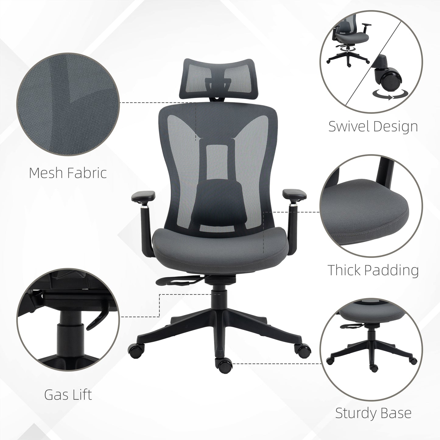 Vinsetto Mesh Office Chair, Ergonomic Desk Chair, Computer Chair with Adjustable Headrest and Lumbar Support, 135Â° Reclining Back and 3D Armrest for Home Office Study, Grey