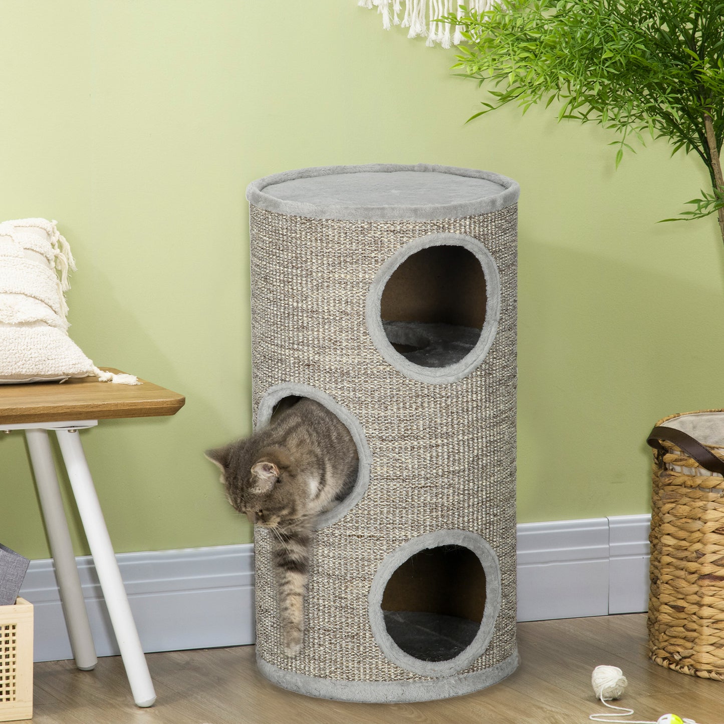 PawHut Cat Climbing Frame, Covered with Sisal, Cosy Platform - Light Grey
