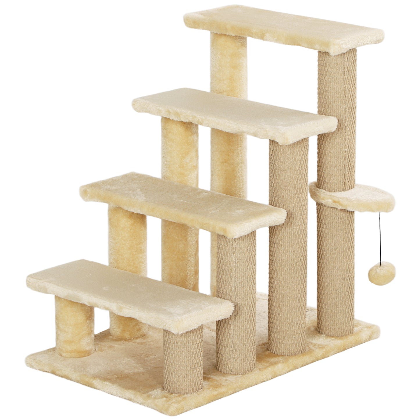 PawHut 4-step Pet Stairs with Scratching Posts, Platforms, Toy Ball, Beige Default Title