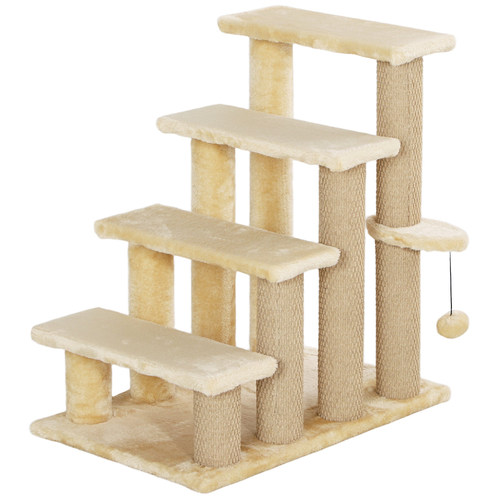PawHut 4-step Pet Stairs with Scratching Posts, Platforms, Toy Ball, Beige Default Title