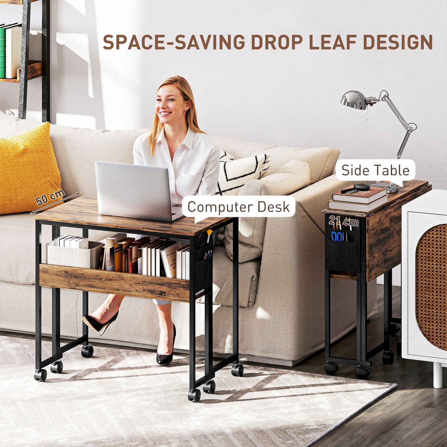 HOMCOM 80 cm Drop Leaf Writing Work Desk - Rustic Brown