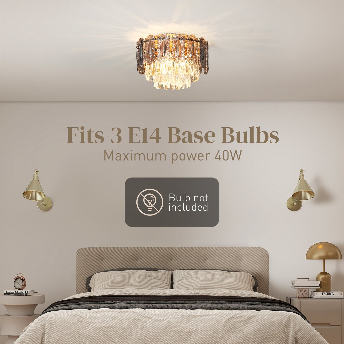 HOMCOM Chandelier Ceiling Light, 3-Light Vintage Flush Mount Fixture with Dual Crystal and Smoke Glass Shade, LED Ceiling Light for Living Room Bedroom, 3 E14 Sockets, Bulbs Not Included, Gold Tone