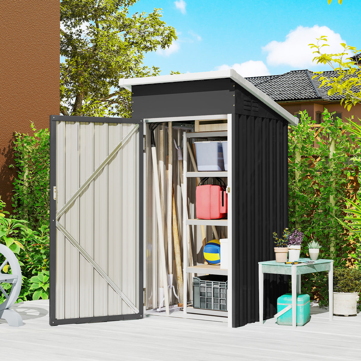 Outsunny 3.5 x 3 ft Outdoor Storage Shed with Sloping Roof, Lockable Door, 2 Vents and Gloves for Garden, Dark Grey