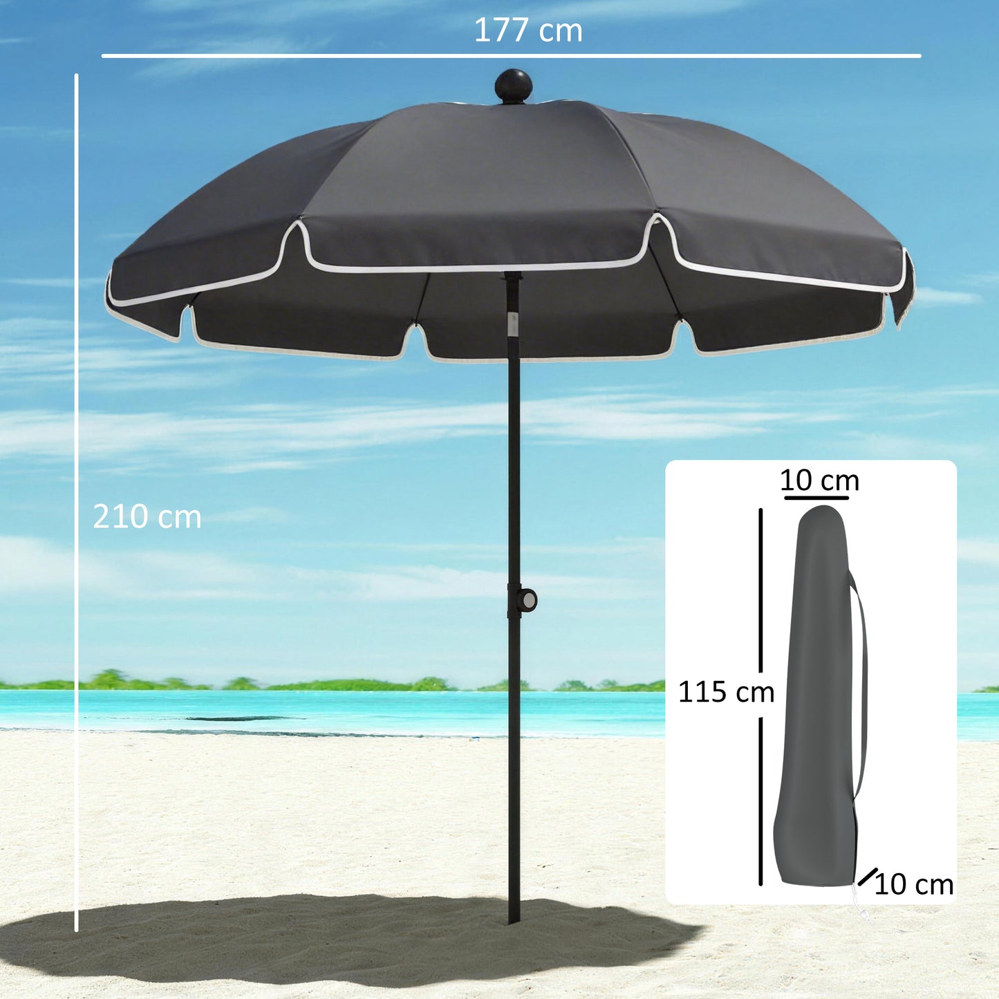 Outsunny 1.8 m Beach Umbrella Parasol with Sand Anchor, Portable 30Â° Tilting Patio Sun Shade with Adjustable Height, Dark Grey