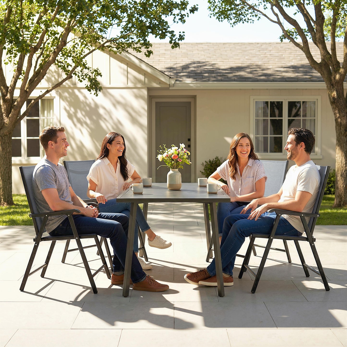 Outsunny Folding Garden Chairs Set of 4, Foldable Garden Dining Chairs with High Back, Armrests, Texteline Seat, Light Grey