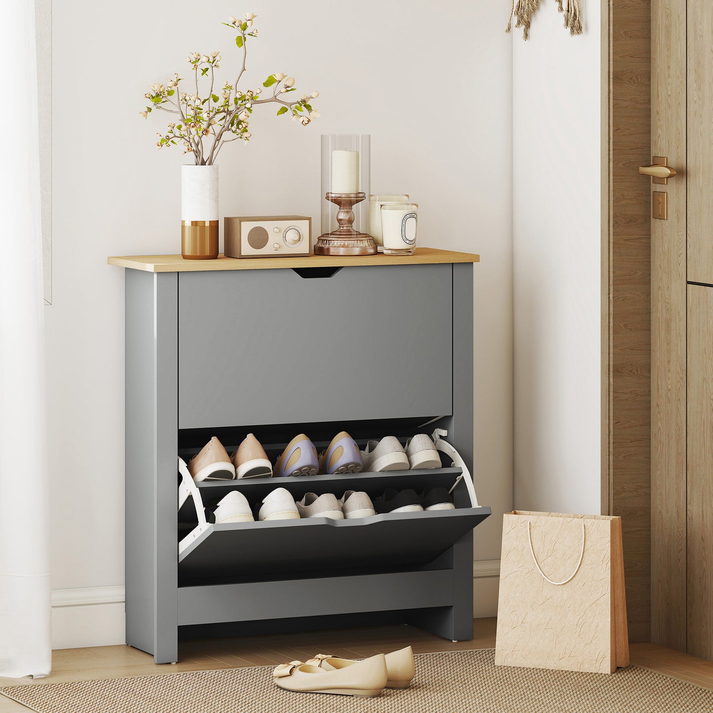 HOMCOM Slim Shoe Cabinet, Narrow Shoe Cupboard with 2 Flip Drawers, Adjustable Shelves for 12 Pairs of Shoes, Light Grey