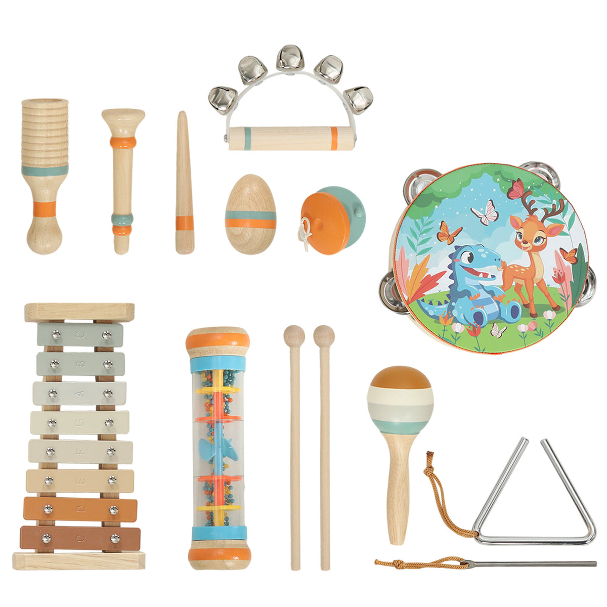 AIYAPLAY Kids Drum Kit, 14 Pieces Wooden Kids Musical Instruments Set with Tone Block, Maracas, Triangle, Xylophone for Toddlers Default Title