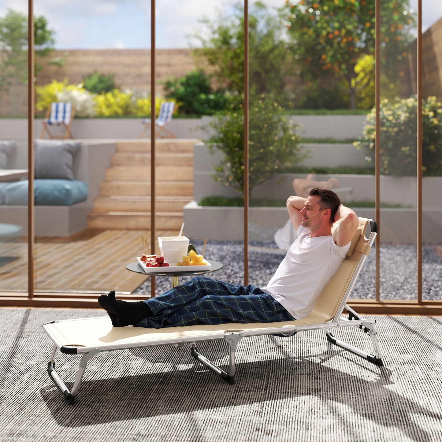 Outsunny Foldable Outdoor Sun Lounger, Reclining Lounge Chair Camping Bed Cot with Pillow 4-Level Adjustable Back Aluminium Frame, Khaki