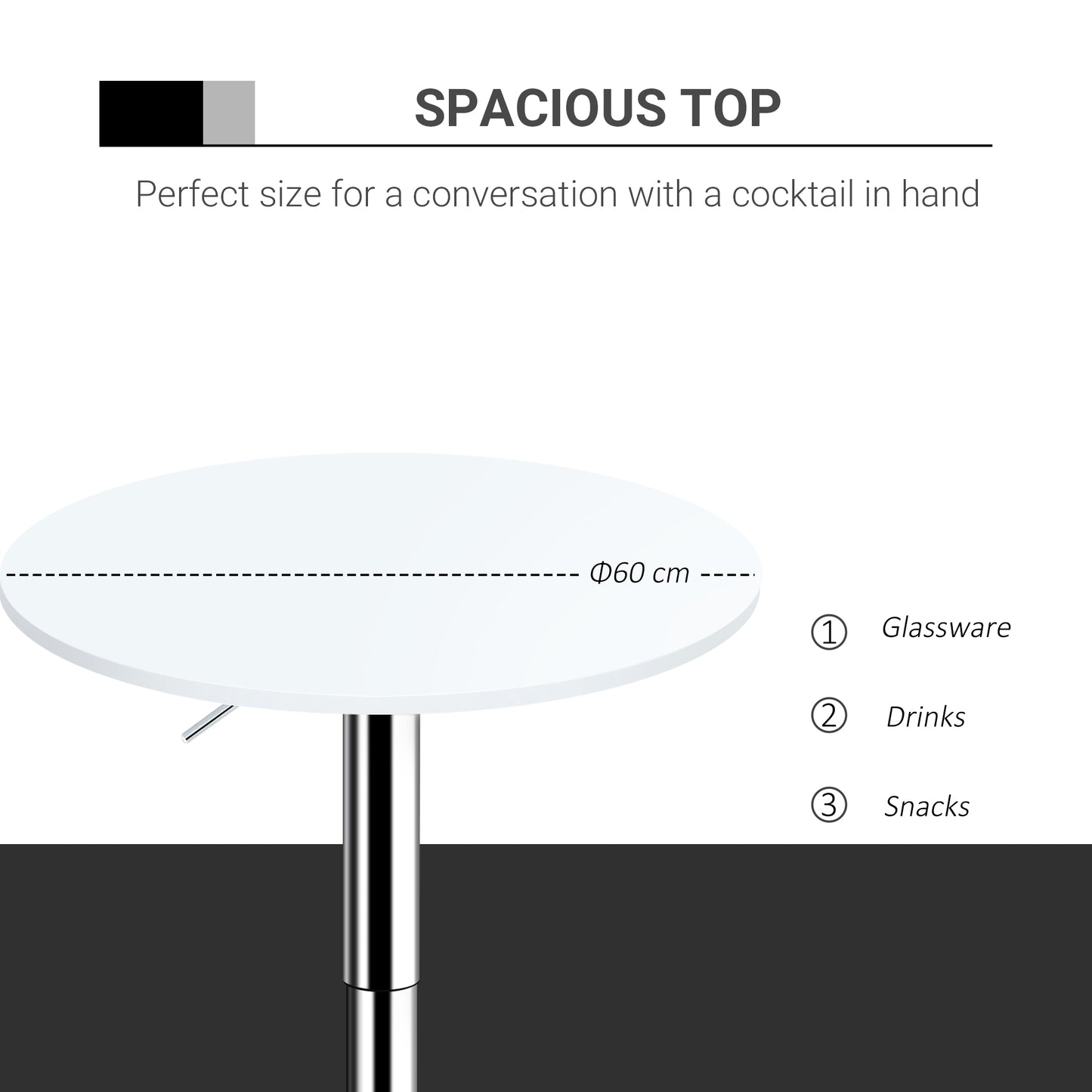 HOMCOM Bar Table Î¦60cm Adjustable Height Round Bistro Table w/ Swivel Top Metal Frame Counter Surface Stylish Kitchen Conservatory White