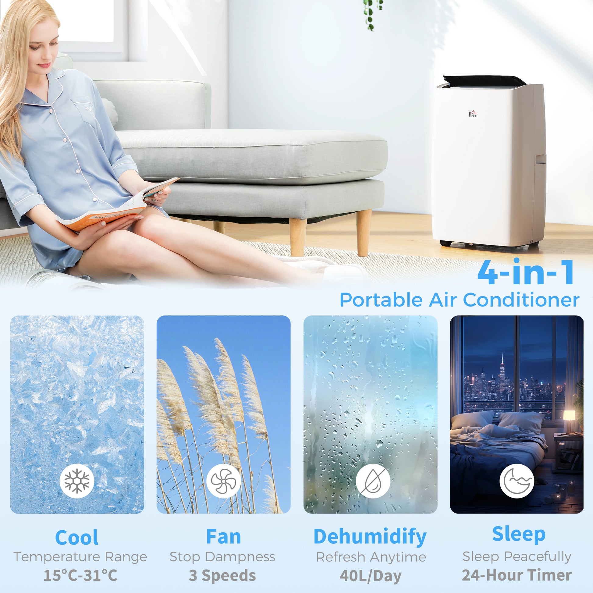 HOMCOM Portable Air Conditioner 14000 BTU, 4-in-1 Air Conditioning Unit, Dehumidifier, Cooling, Fan, Sleep Mode with 3 Speeds, Remote Control, LED Display, 24H Timer, Window Kit, Children Lock, 40mÂ²