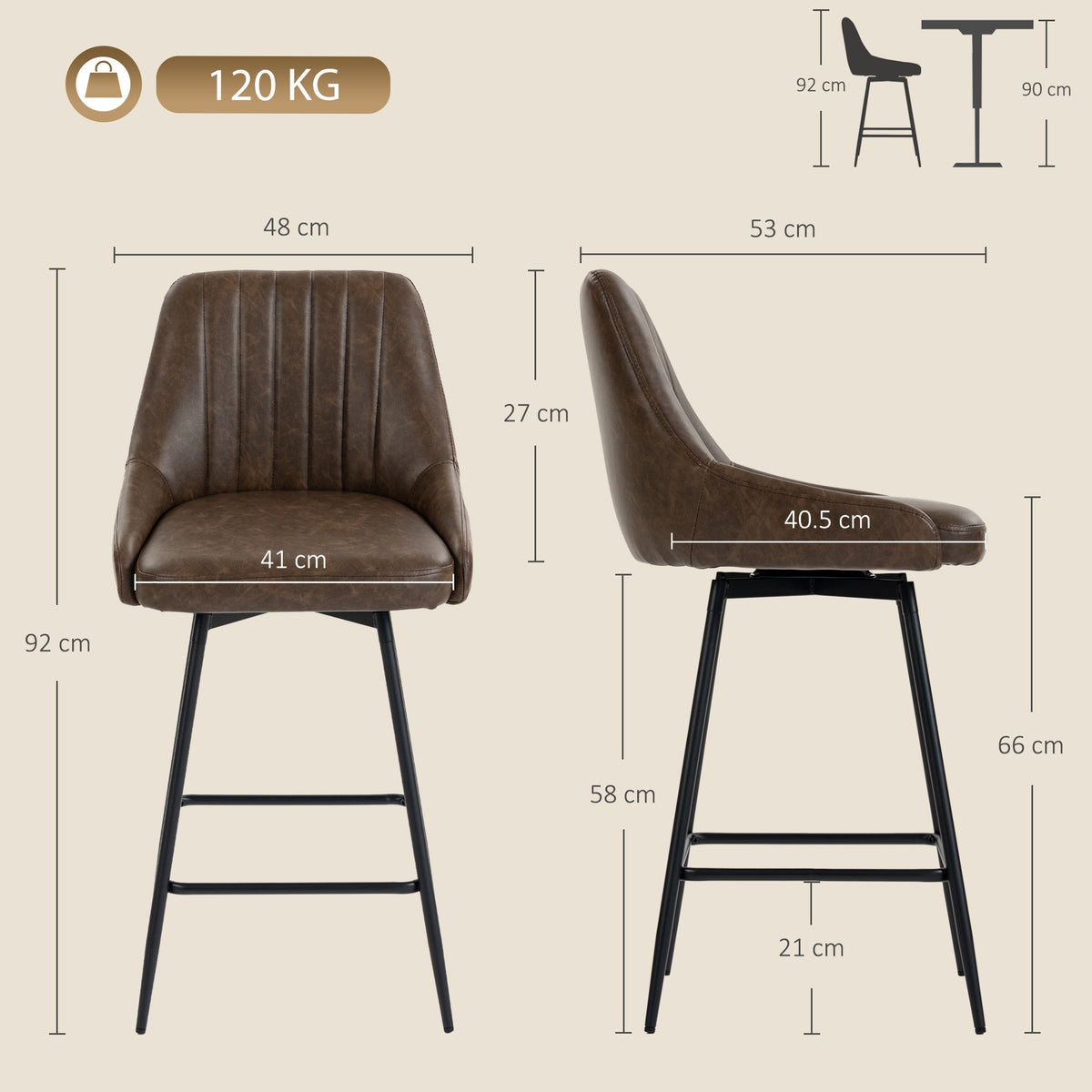 HOMCOM Bar Stools Set of 2, Swivel Counter Height Barstools with PU Leather, for Kitchen Island, Dining Room, Dark Brown
