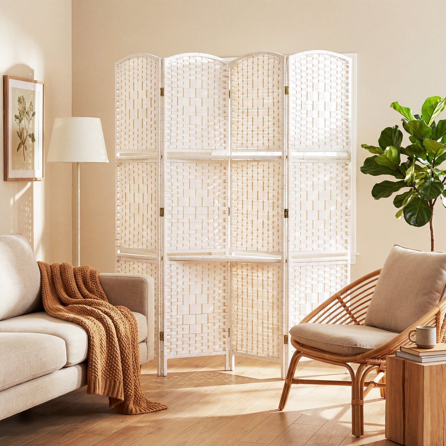 HOMCOM Freestanding Privacy Screen, 4 Panel Folding Room Divider for Living Room, Bedroom and Office, 160 x 170cm, White