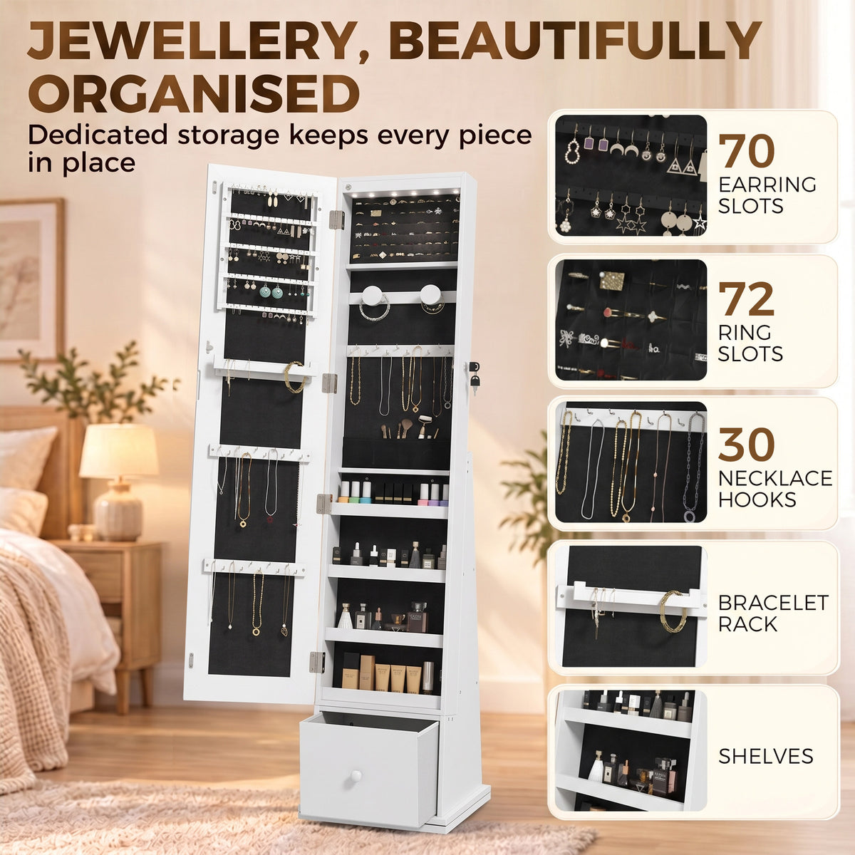 HOMCOM Swivel Jewelry Cabinet with LED Lights, Lockable Standing Full Length Mirror with Storage, 3-Colour Dimmable, White