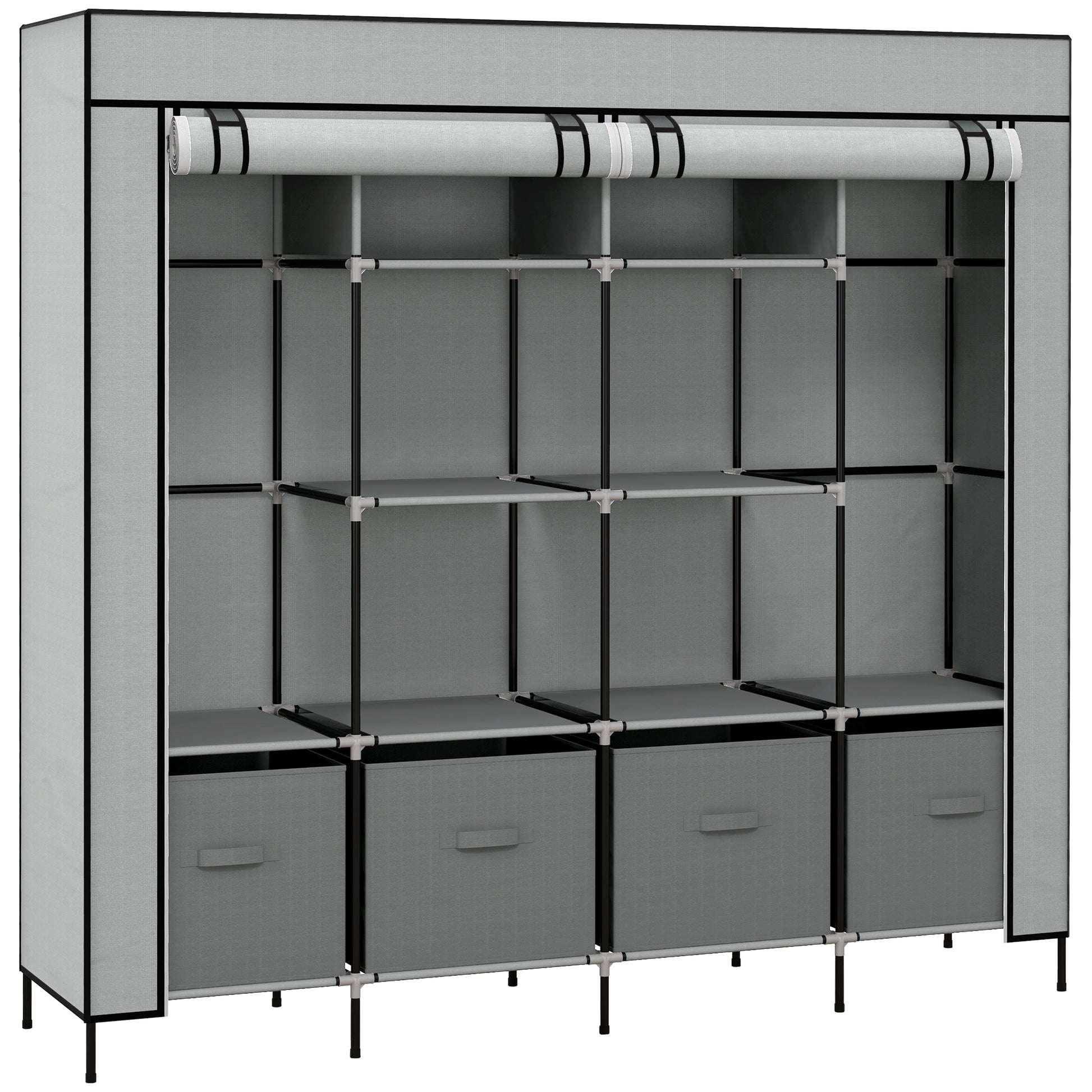 HOMCOM Fabric Wardrobe for Bedroom, Portable Cloth Wardrobe with 10 Compartments, 2 Hanging Rails and 4 Fabric Drawers, 166 x 42.5 x 169.5cm, Dark Grey