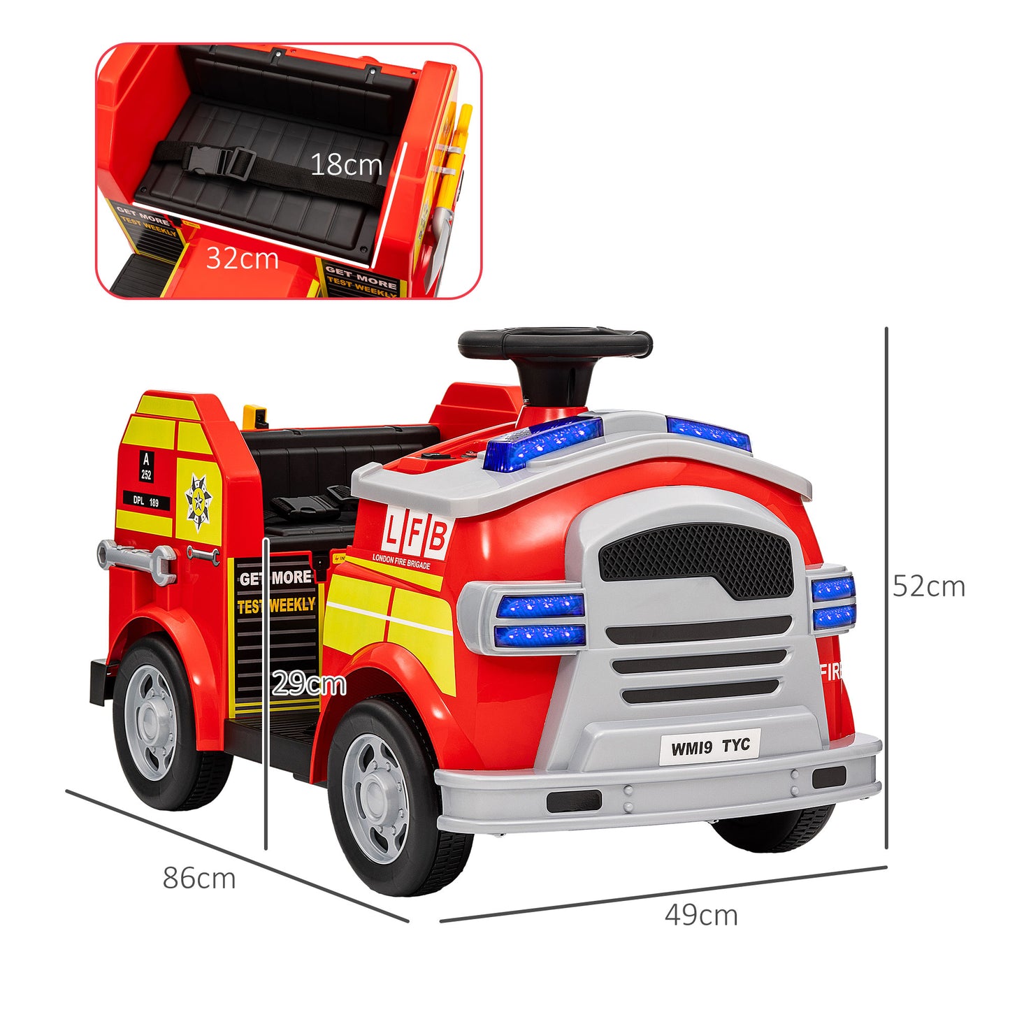 AIYAPLAY Ride On Fire Truck, 12V Kids Electric Car with Siren, Flashing Lights, Firefighting Tools, Music, Horn, Slow Start, Red