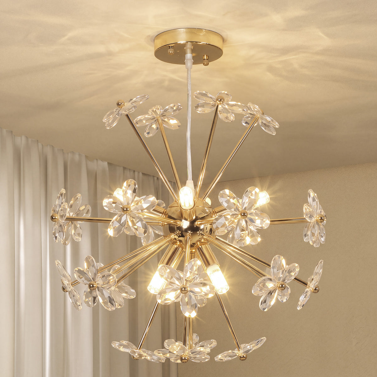 HOMCOM Crystal Chandeliers Ceiling Light with Flower, Modern Pendant Light with Adjustable Height, Ceiling Plate, Clear