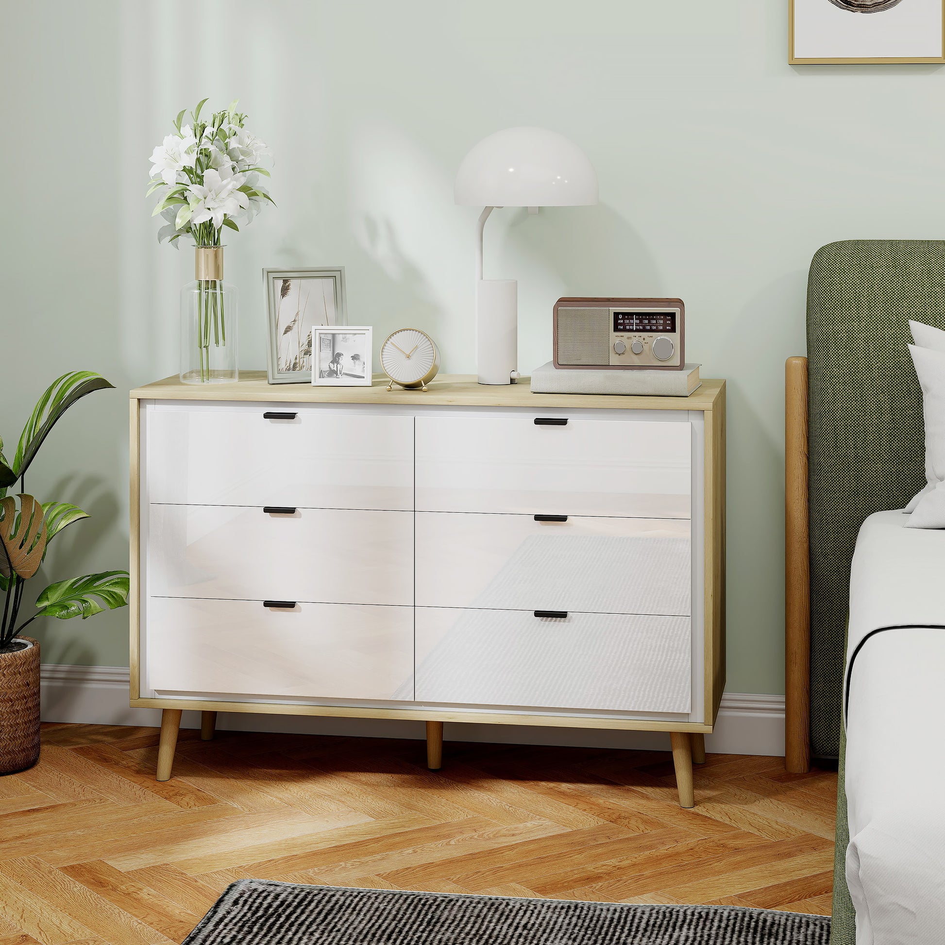 HOMCOM Storage Cabinet, Chest of Drawers with 6 Drawers and 5 Legs for Bedroom, High Gloss White