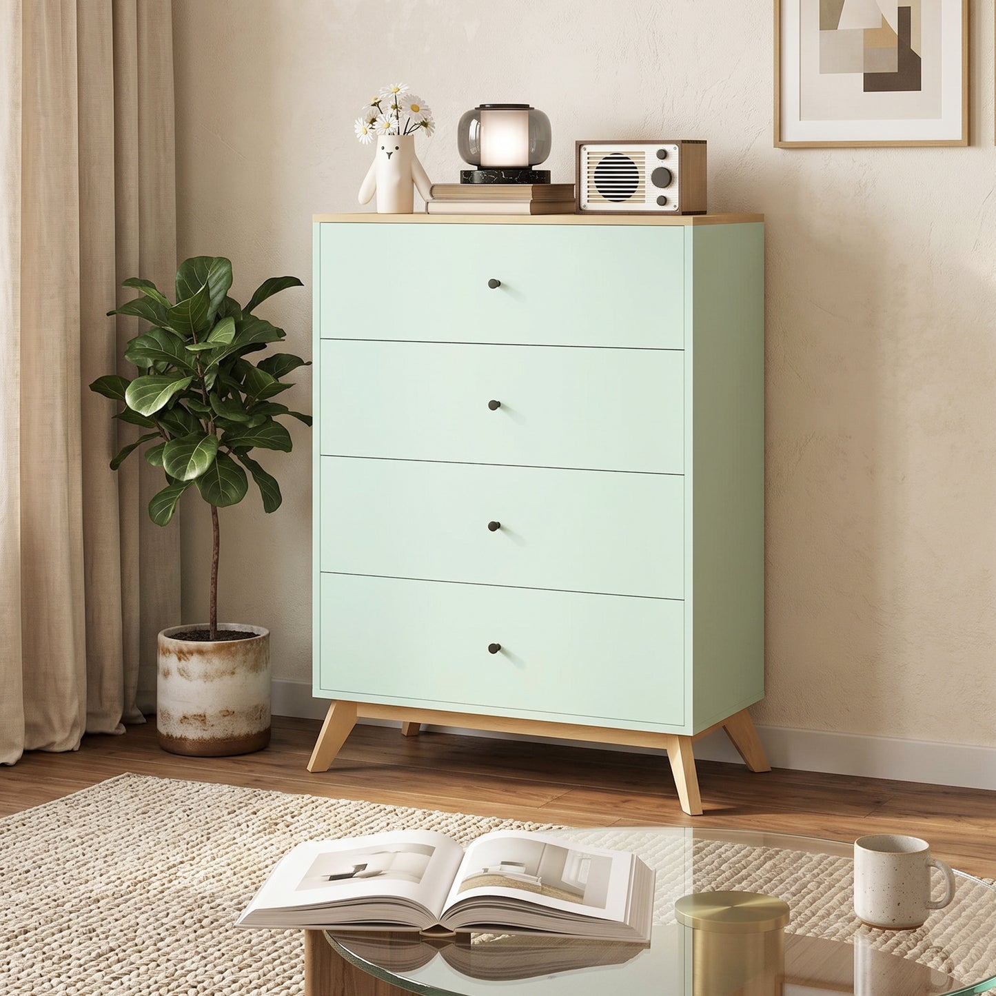 HOMCOM 4 Drawer Storage Cabinet, Chest of Drawers for Bedroom Living Room, Light Green and Oak