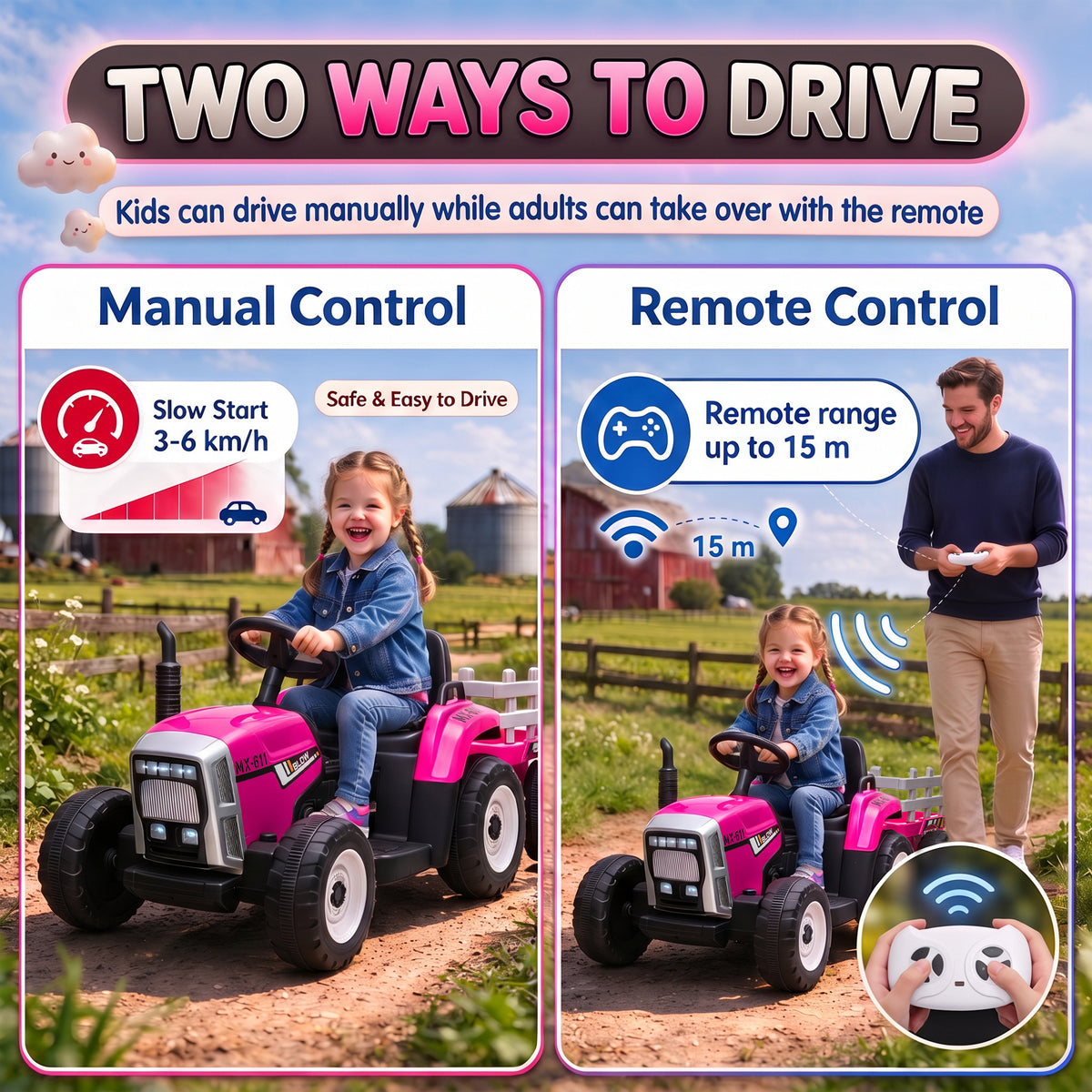 HOMCOM 12V Kids Ride on Tractor with Detachable Trailer, Remote, Soft Start, Seat Belt, Music, USB, Horn, Lights for 3-6, Pink