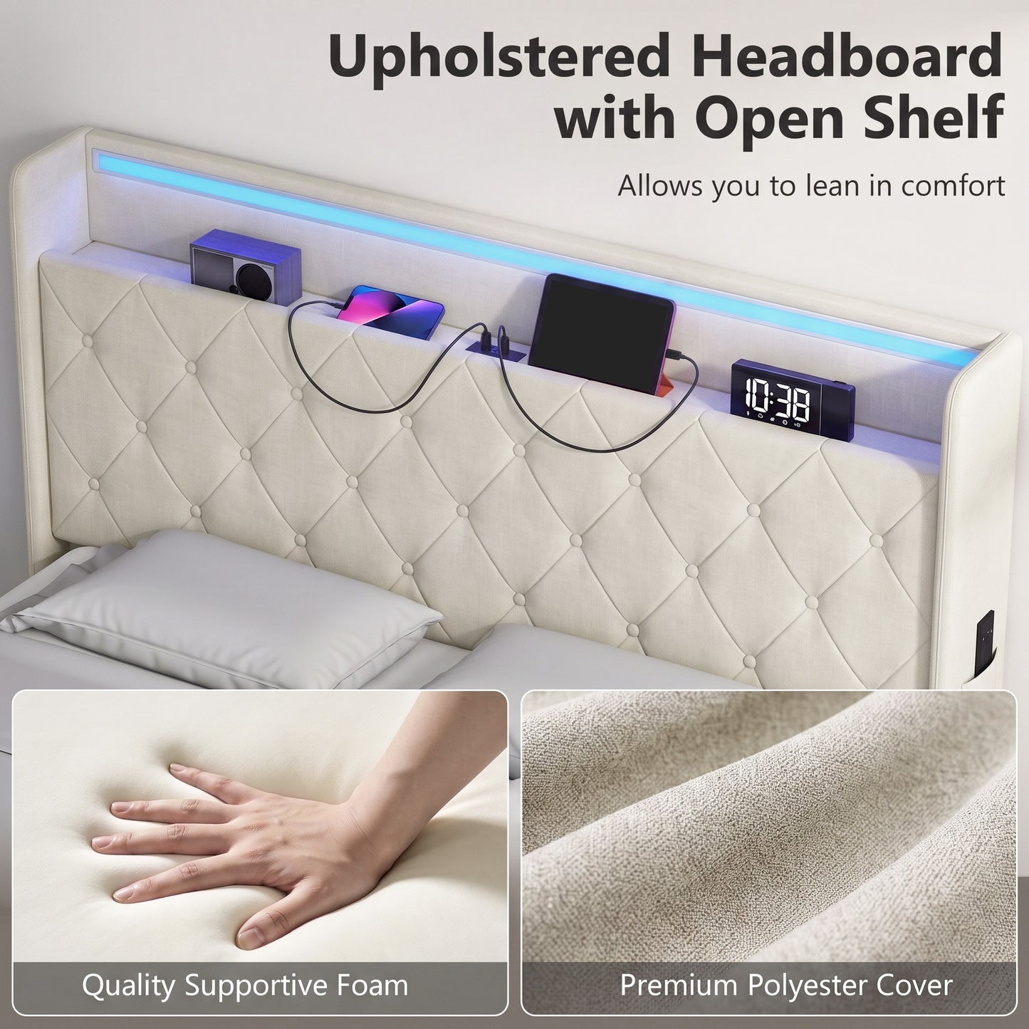 HOMCOM 4ft6 Double Bed Frame with Headboard, Platform Bed Frame with Hydraulic Storage, LED Lights and Charging Station, Cream