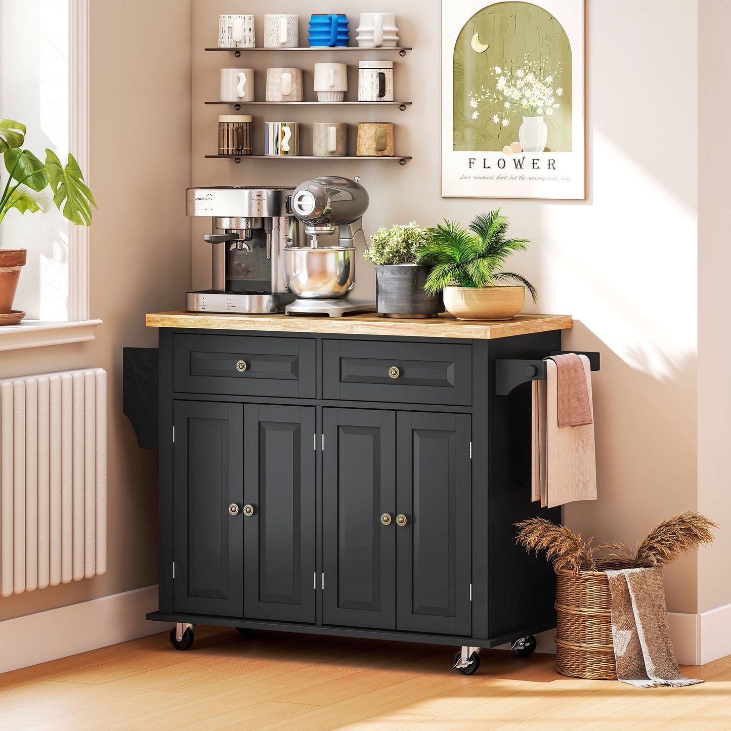 HOMCOM Rolling Kitchen Island Storage Trolley with Rubber Wood Top & Drawers for Dining Room, Black