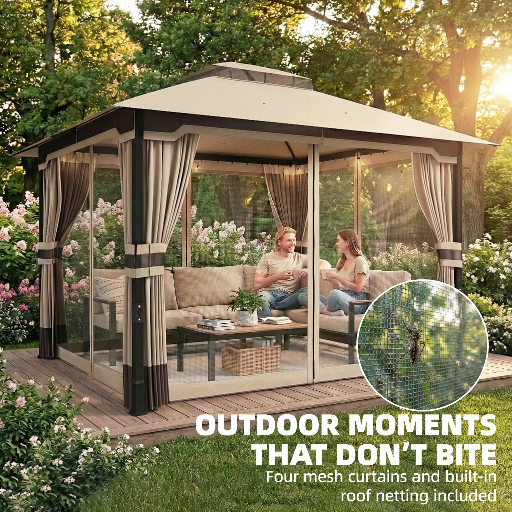 Outsunny 3 x 3.6 m Outdoor Garden Gazebo with Netting and Curtains, DoubleÂ Roof Patio Gazebo Permanent Pavilion, Khaki