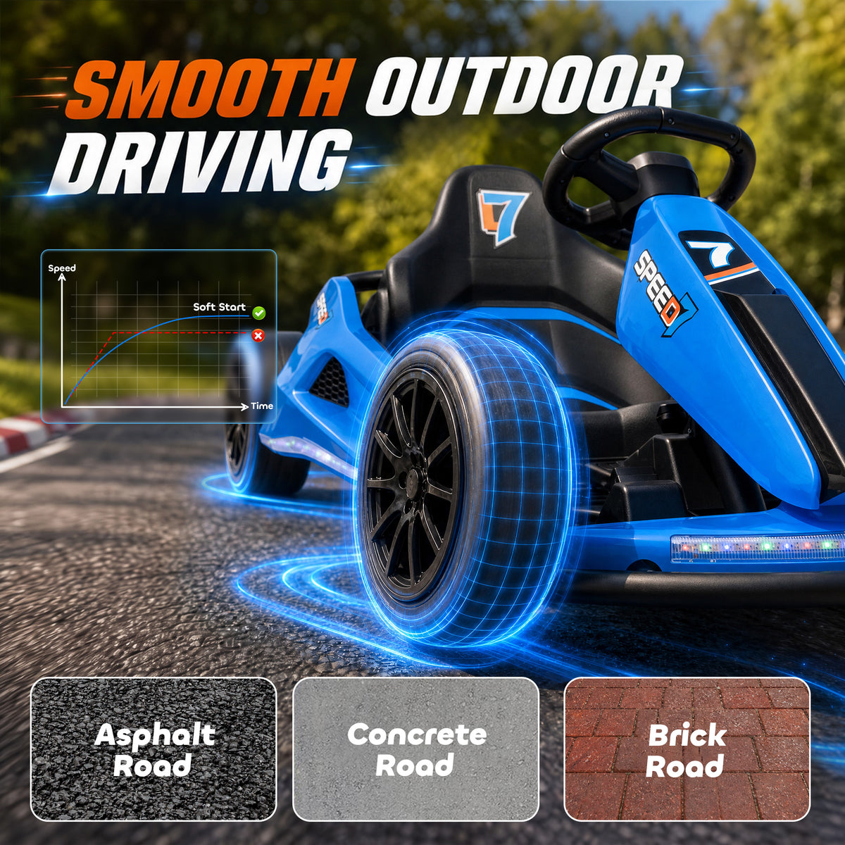 AIYAPLAY 24V Electric Drift Go Kart for Kids with Dual Motors, Soft Start, 12 KM/H High Speed, Headlight, for Ages 6-14, Blue