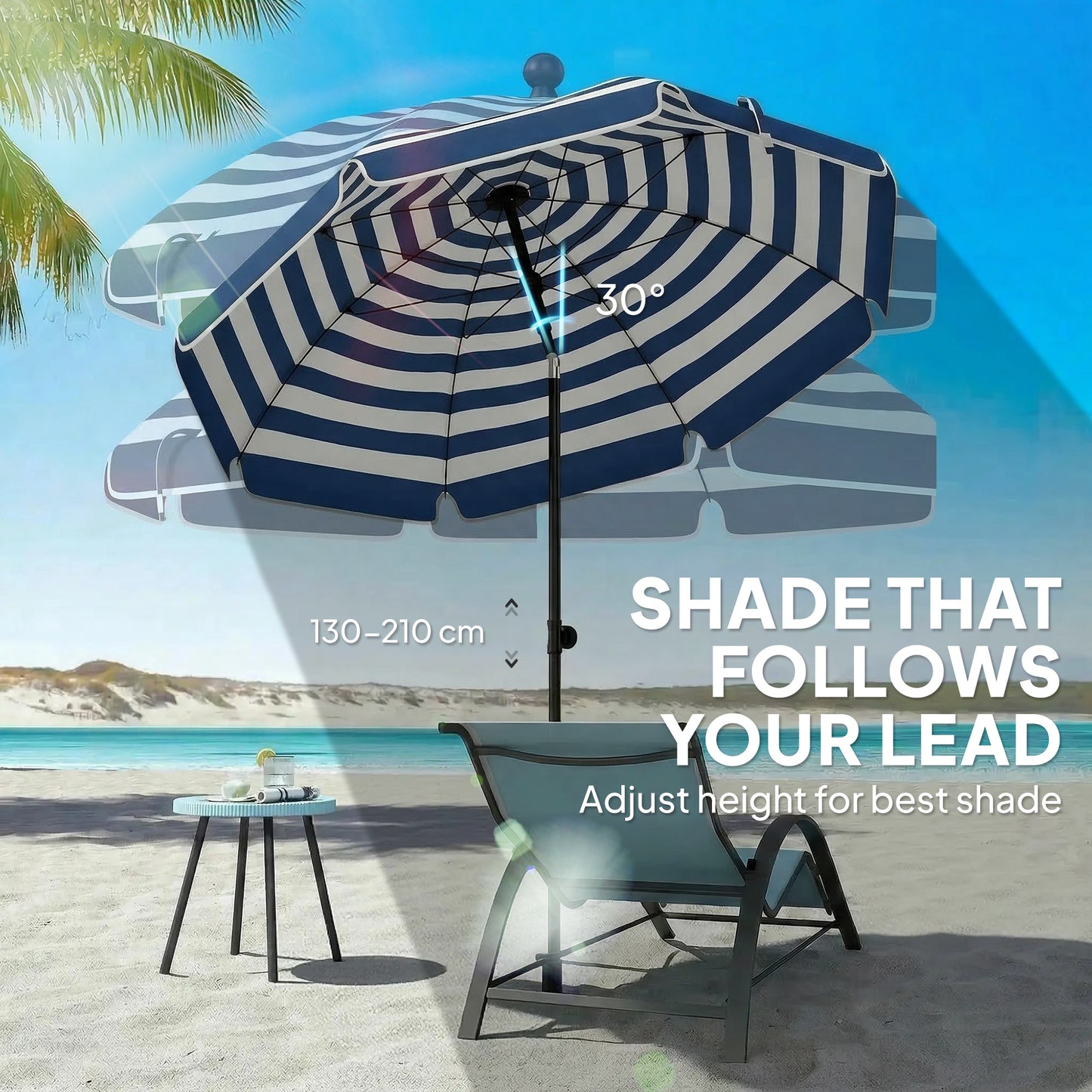 Outsunny 1.8 m Beach Umbrella Parasol with Sand Anchor, Portable 30Â° Tilting Patio Sun Shade with Adjustable Height, Blue/White