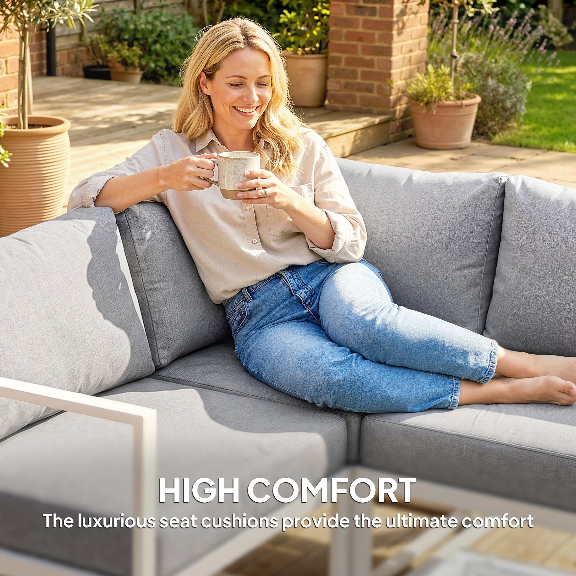 Outsunny 6 Seater Aluminium Garden Furniture Set, Garden Sofa Set with Thick Cushions for Patio and Balcony, Outdoor, Light Grey