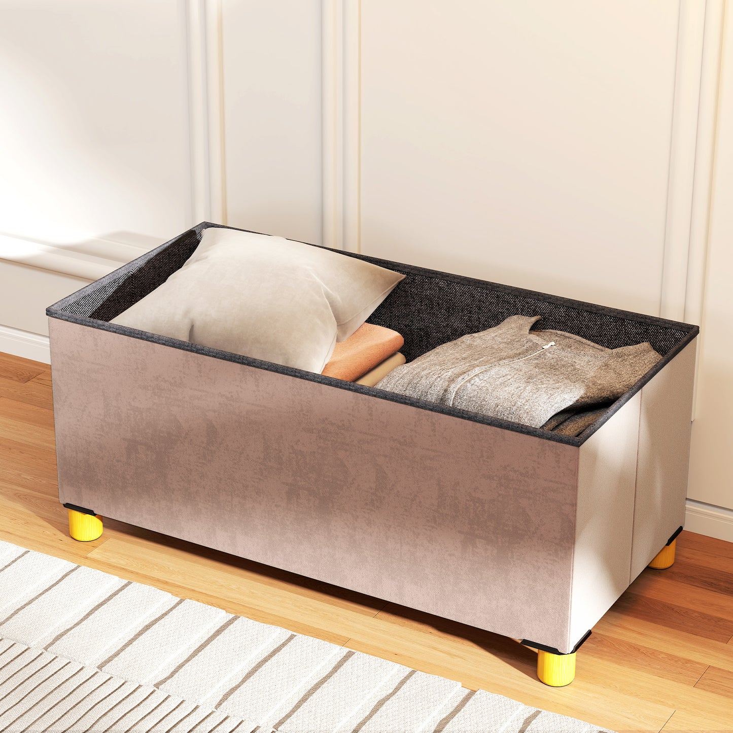 HOMCOM Velvet Upholstered Foldable Ottoman Footrest, Storage Ottoman Bench with Wood Legs for Living Room, Pink