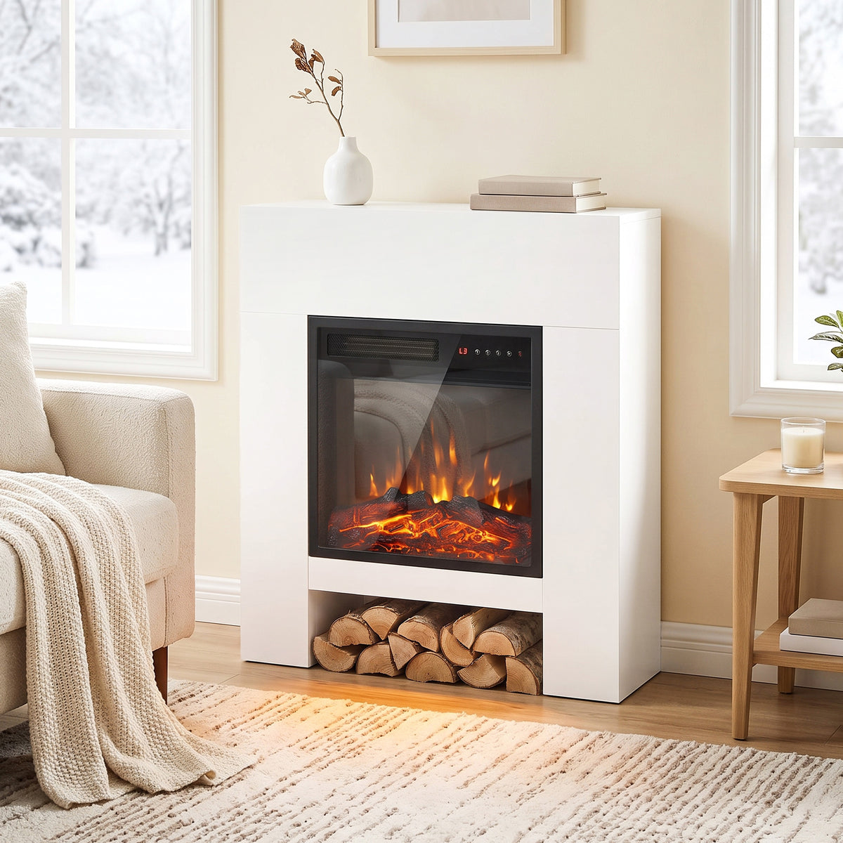 HOMCOM Freestanding Electric Fireplace Suite, Electric Fire and Surround with Shelf, Adjustable Flame Effect, Timer, Remote