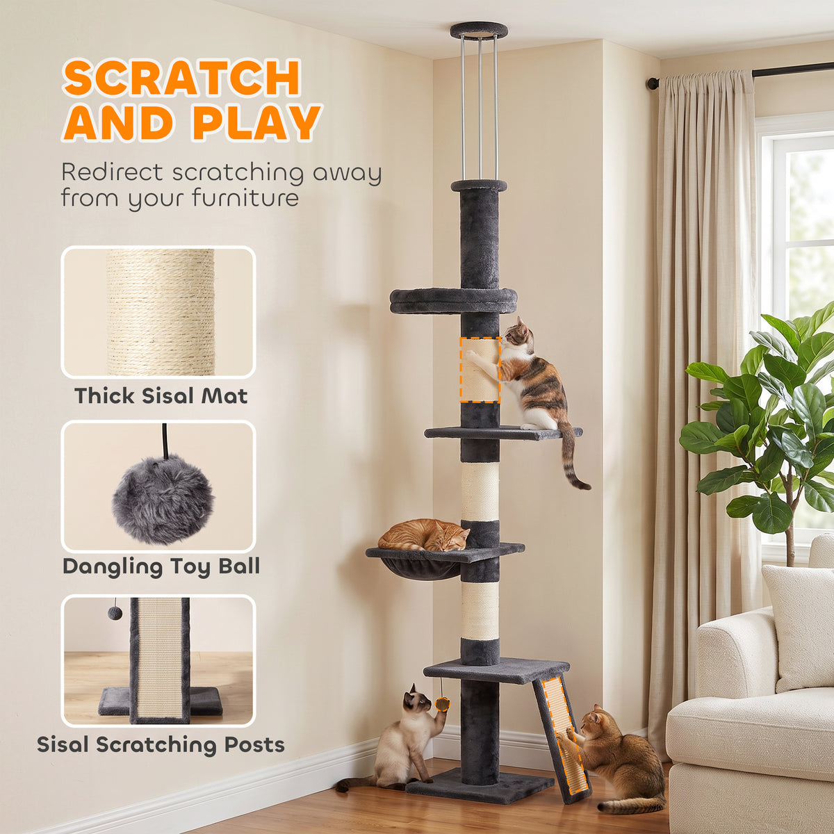 PawHut Floor to Ceiling Cat Tree, 230-260 cm Adjustable 5-Level Cat Tower with 3 Top Tension Rods, Bed, Hammock, Dark Grey