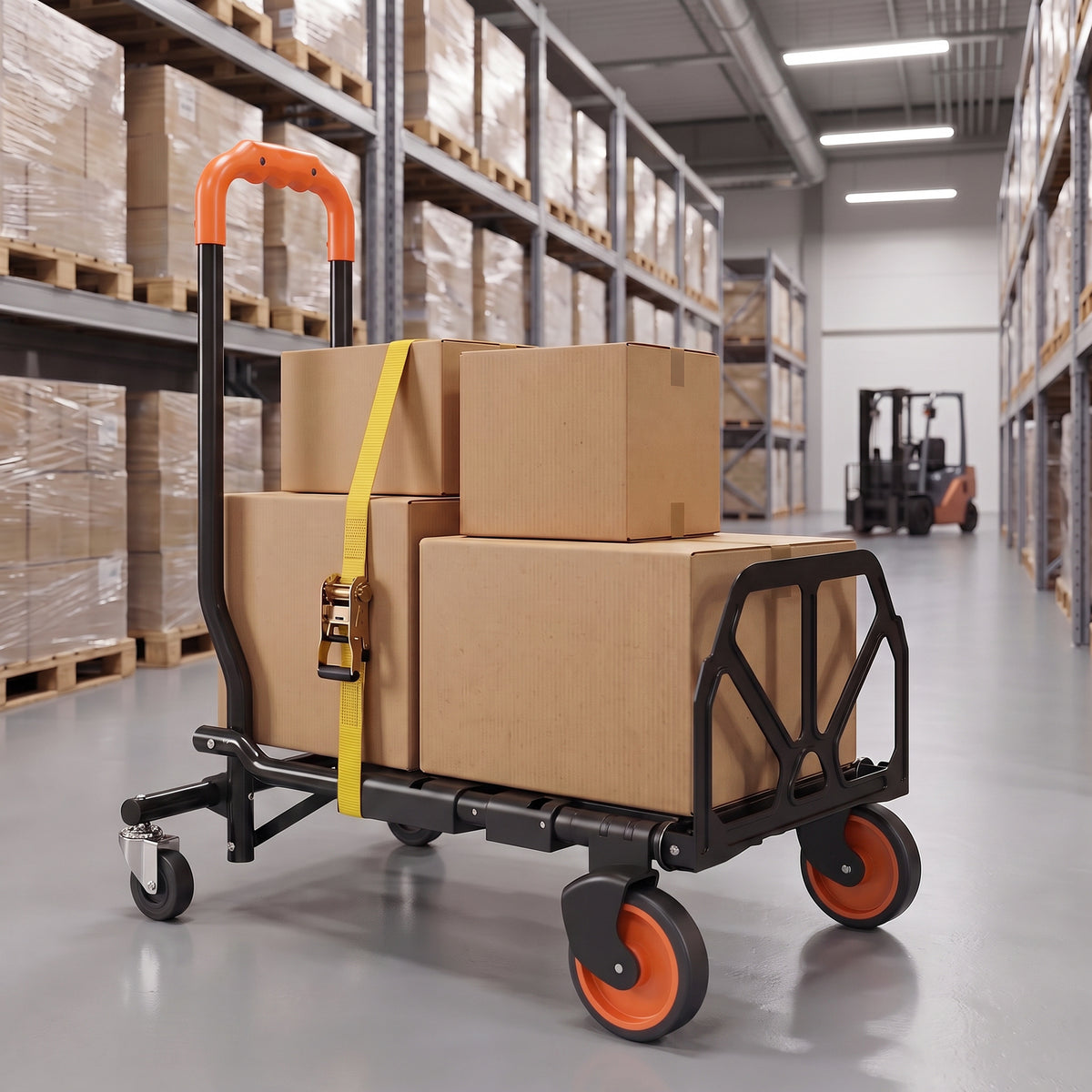 HOMCOM Steel 2-in-1 Folding Hand Truck on Wheels, Foldable Trolley with Foldable Base, 120kg, Black and Orange