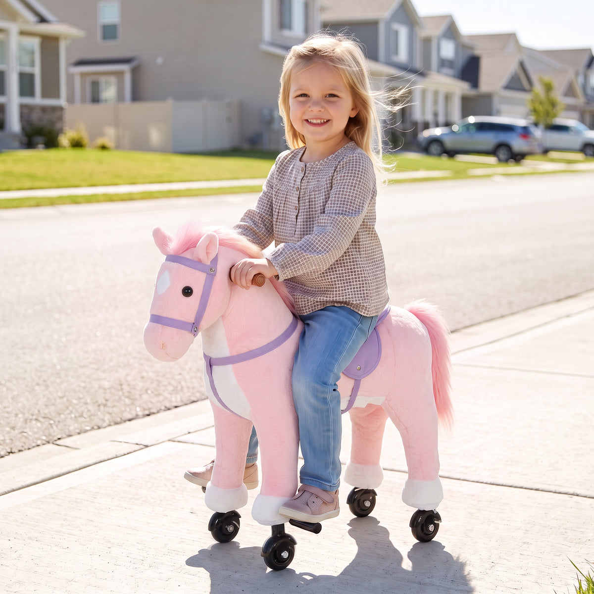 AIYAPLAY Rocking Horse, Plush Ride On Horse with Hoof Sounds, Music, Rolling Wheels and Pedal for 3-7 Years, Up to 50kg, Pink