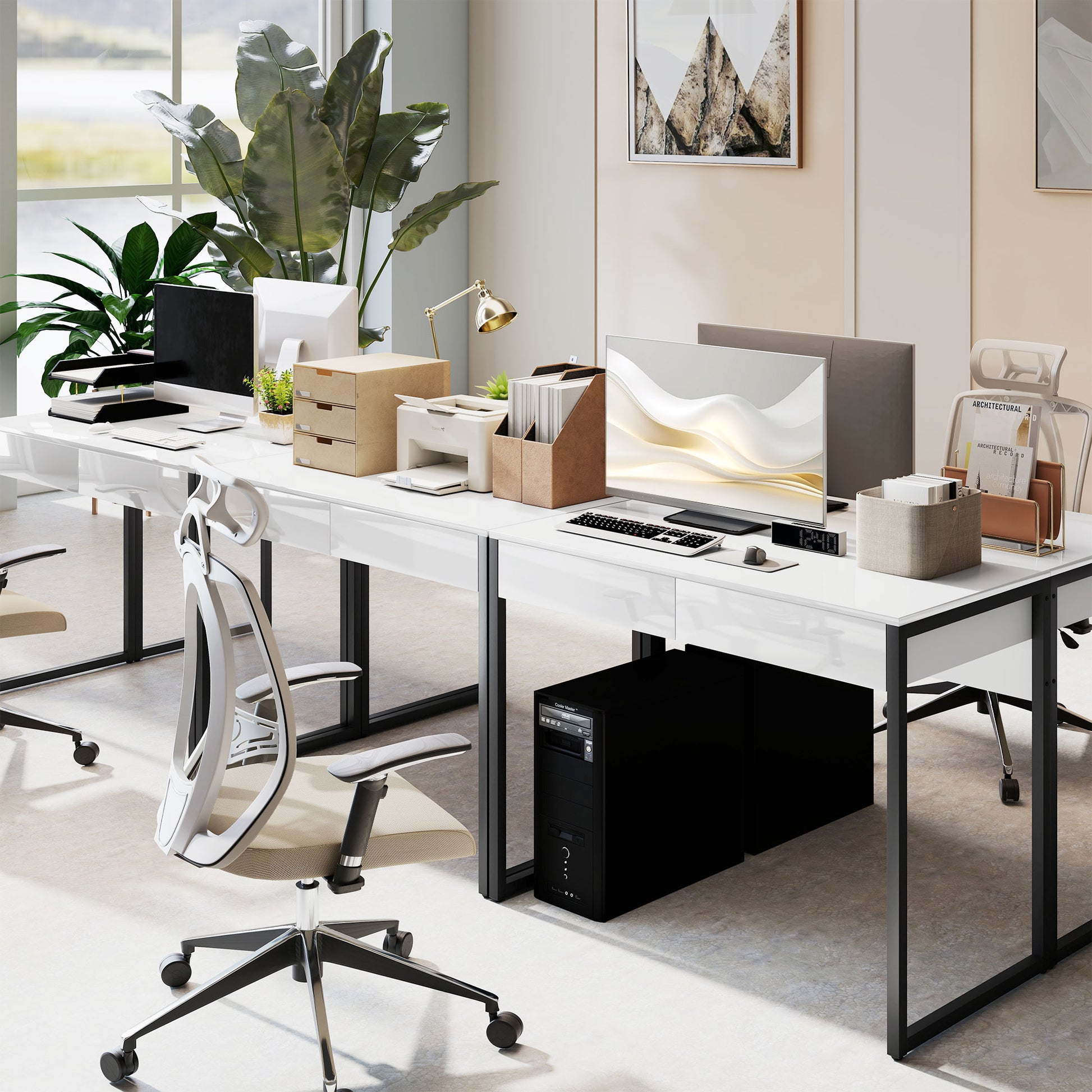 HOMCOM High Gloss Work Table, with Drawers - White