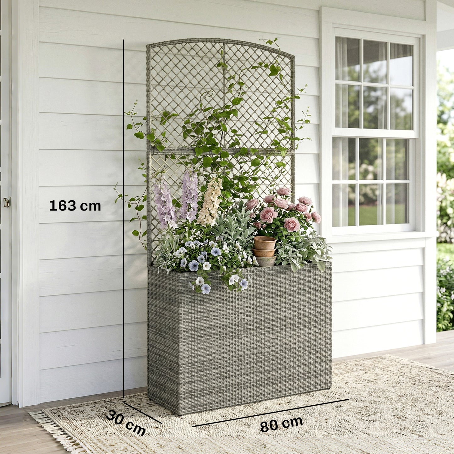 Outsunny Rattan Planter with Trellis, Raised Beds for Garden with Liner for Climbing Plants Vegetables Flowers, Dark Grey