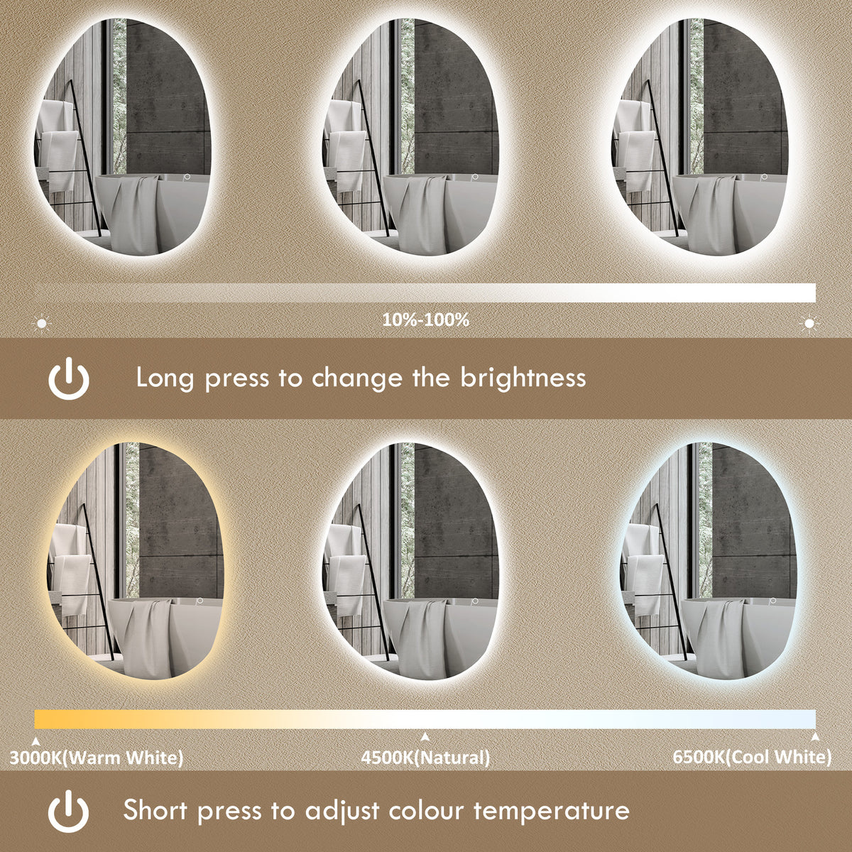 HOMCOM 70x50cm Bathroom Mirror with LED Lights, 3 Colours Dimmable, Anti-Fog, Memory & Touch Switch, IP44