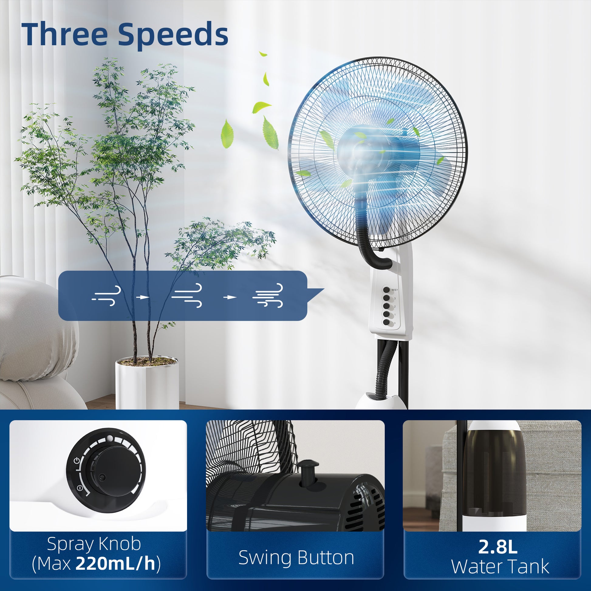 HOMCOM Spray Misting Fan, Floor Fan with Water Mist Spray, 70Â° Oscillation, Tilt Head, 3 Speeds, 2.8L Water Tank, White