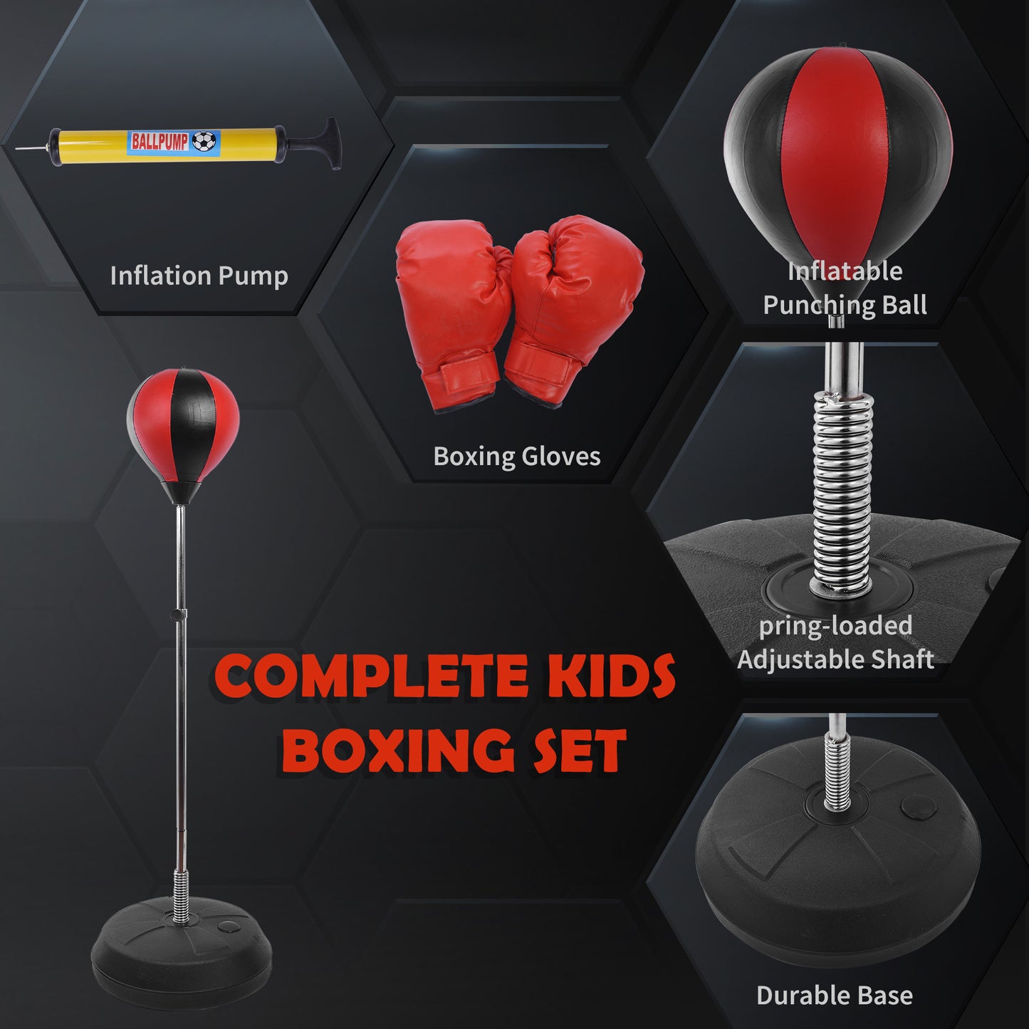 HOMCOM Training Boxing Punch Ball Set 125-145H x Î¦43cm with Gloves Air Pump, 4-Position Adjustable Height Freestanding Boxing Speed Ball for Teenagers Exercise Training