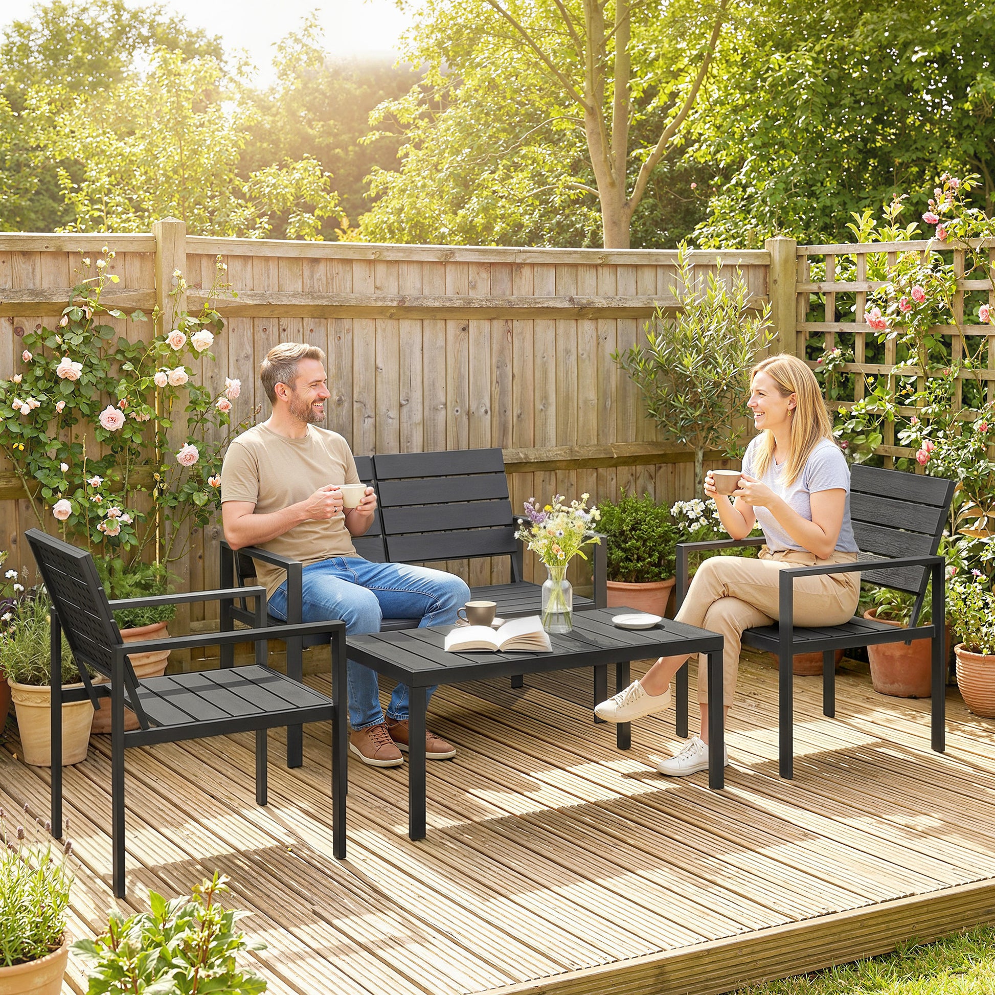 Outsunny 4 Piece Garden Furniture Set, Outdoor Sofa Set with HDPE Slatted Loveseat Armchairs Coffee Table Metal Frame, Black