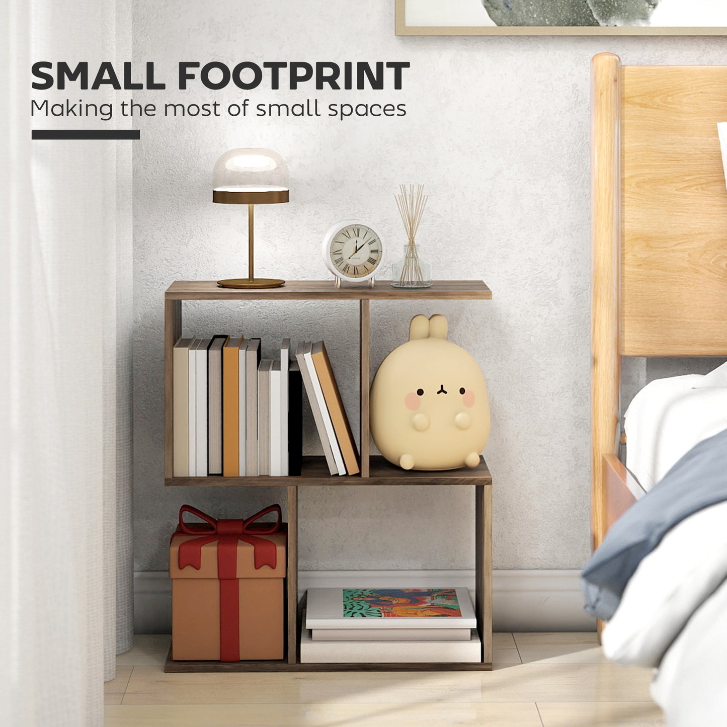 HOMCOM Side Table, Narrow End Table with Storage Shelves, S-Shaped, 3-Tier, 50W x 19.5D x 58H cm, Oak