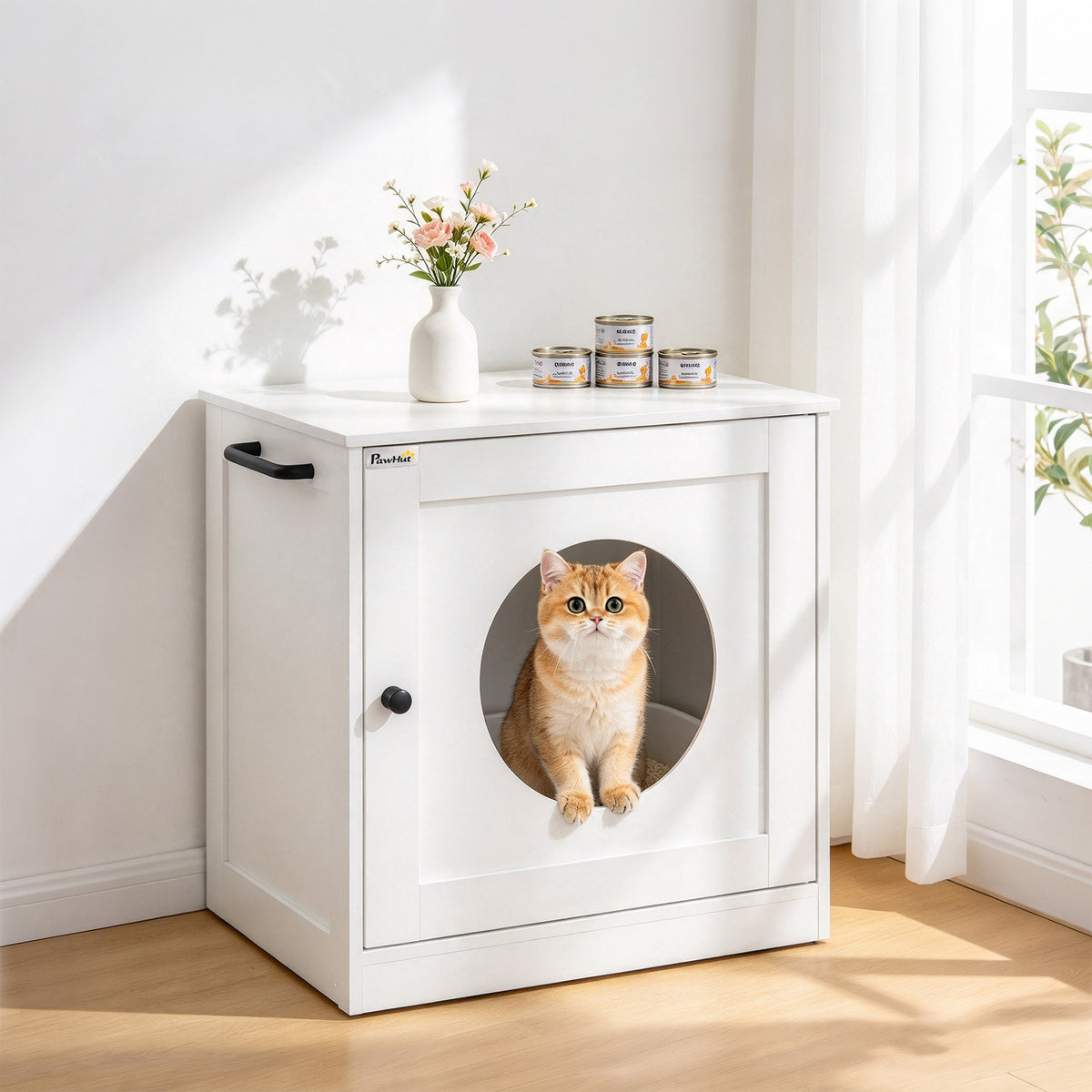 PawHut Cat Litter Box Enclosure, Hidden Litter Box Furniture with Side Hook, Wooden Cat Washroom Storage Cabinet, White