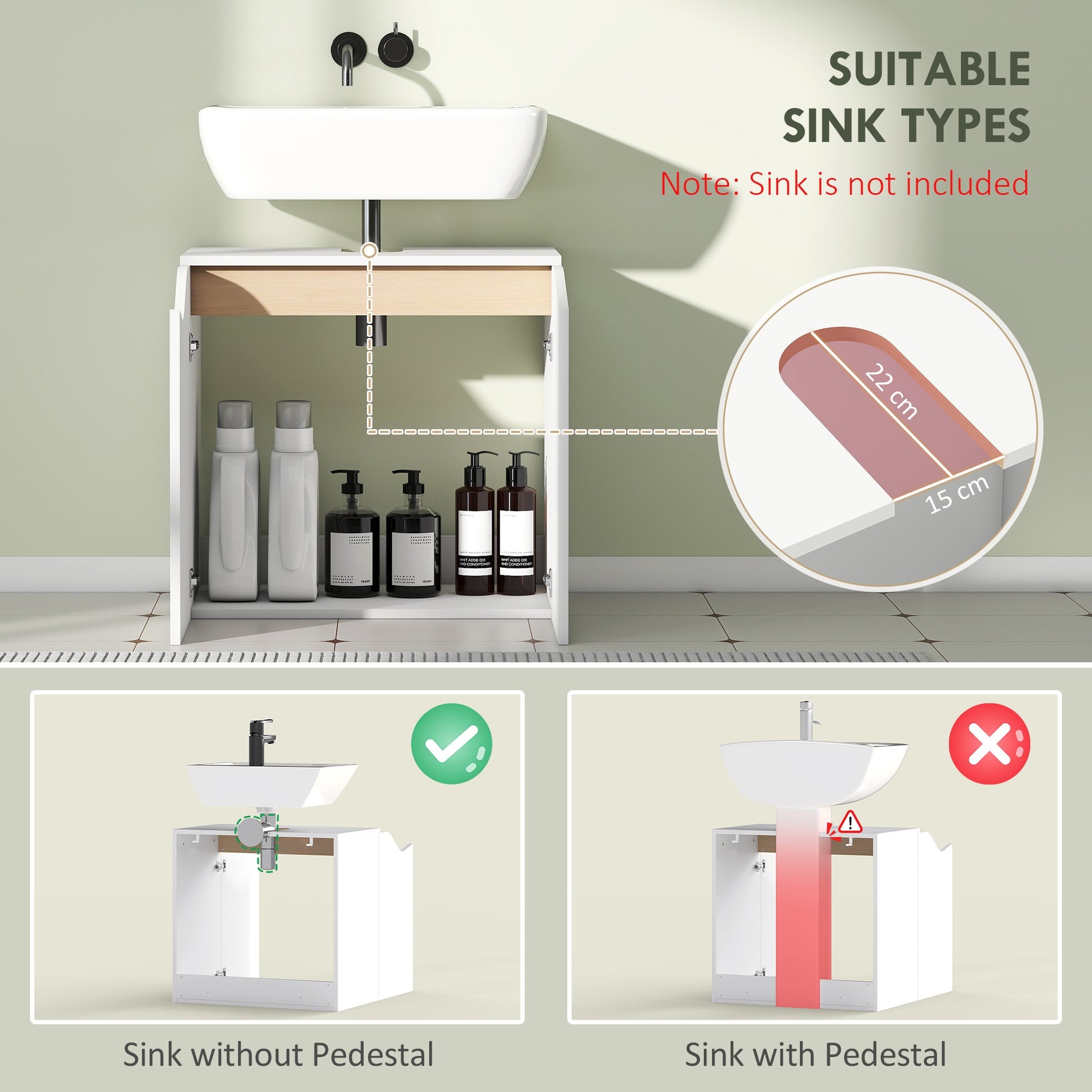 HOMCOM Under Sink Bathroom Cabinet, Bathroom Storage Cabinet with Soft-Close Doors, for Basin without Pedestal, White