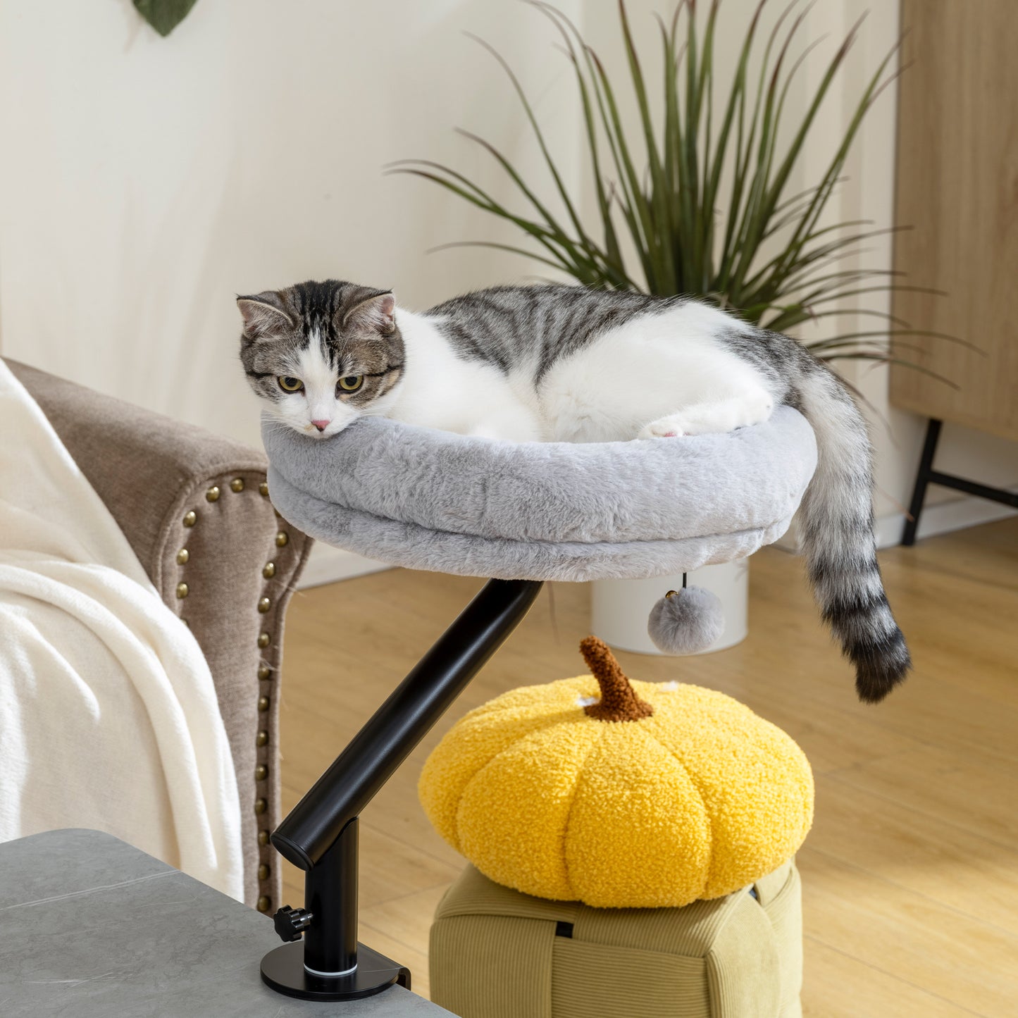 PawHut Cat Desk Bed, Cat Hammock 360Â° Rotatable Adjustable for Window, Table, Work, Grey