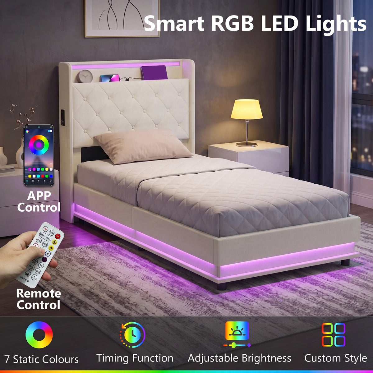 HOMCOM 3ft Single Bed Frame with Headboard, Platform Bed Frame with Hydraulic Storage, LED Lights and Charging Station, White