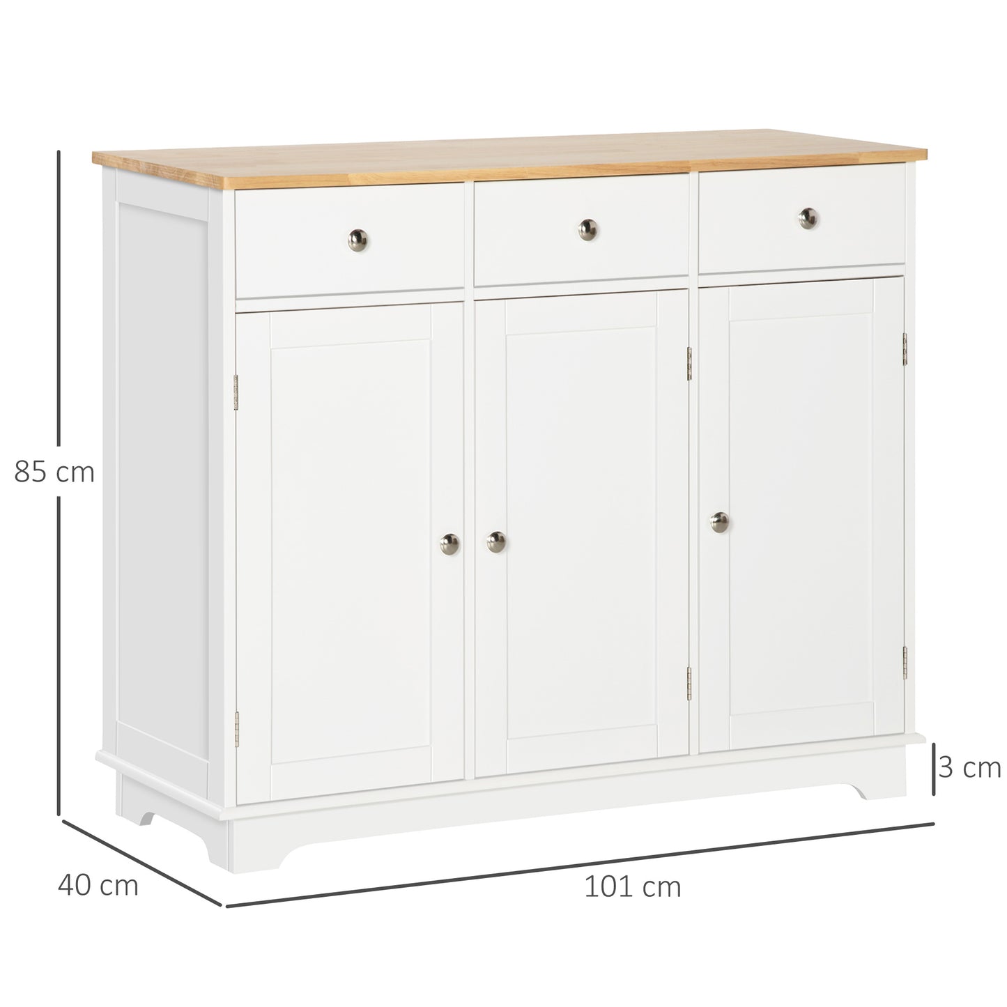HOMCOM Sideboard with Rubber Wood Top, Modern Storage Cabinet, Kitchen Cupboard with 3 Doors, 3 Drawers and 3 Adjustable Shelves for Dining Room, Living Room, White
